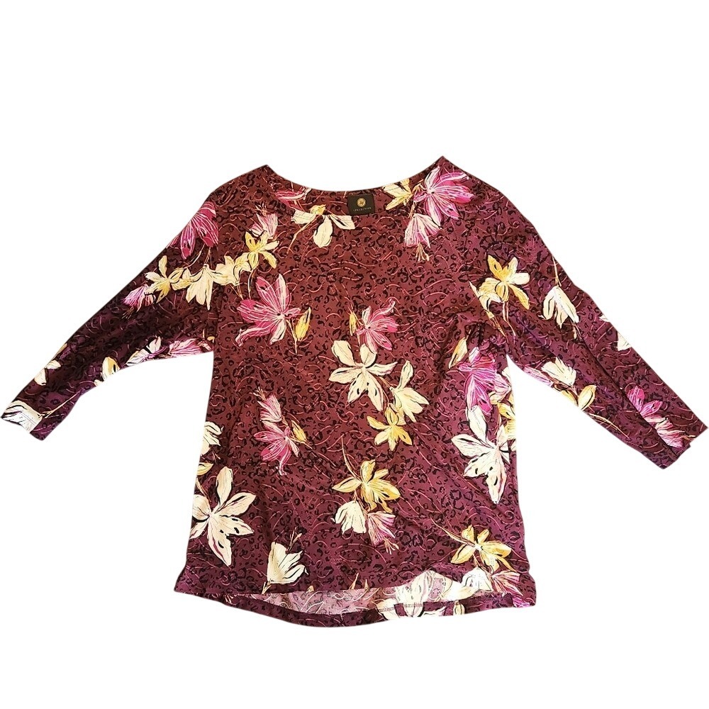 JM Collection Womens Burgundy Floral Print 3/4 Sleeve Top XL